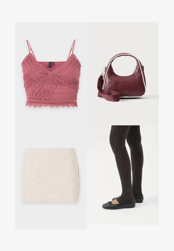 Rosenpink hæklede bralette med justerbare spaghetti-stropper, bølget kant og indviklede blondermønstre i stoffet.; Beige linnedyr med et minimalistisk design, der har en glat tekstur og en subtil vævning. Det har en lige, simpel skæring uden synlige lukninger.; Ben iført mørke ribbede leggings kombineret med sorte balletsko med små sløjfedetaljer på hvid baggrund.; Mørkerød vævet lædertaske med buet hank, hvid kant, sølv lynlås og aftagelig bred stofskulderrem mod en ensfarvet baggrund.