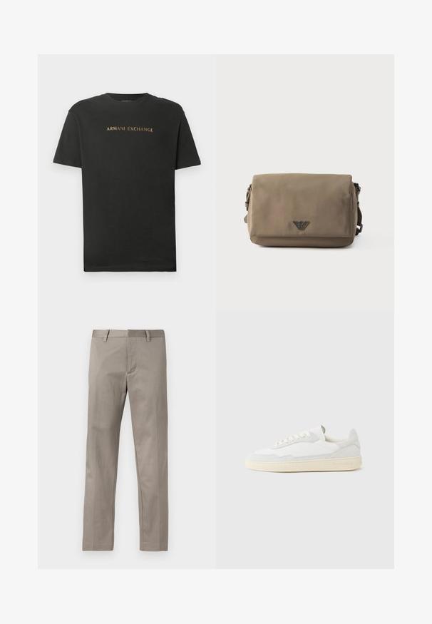 T-shirt noir à manches courtes et col rond avec "ARMANI EXCHANGE" imprimé en lettres dorées sur la poitrine.; Pantalon gris clair à coupe droite, réalisé en tissu lisse, avec devant plat et ceinture standard munie de passants pour ceinture.; Baskets blanches avec dessus en daim et cuir texturé. Caractérisées par un bout arrondi, une fermeture à lacets et une semelle en caoutchouc beige contrastante.; Sac bandoulière rectangulaire taupe avec fermeture à rabat et petit emblème métallique de logo centré à l'avant sur fond blanc.