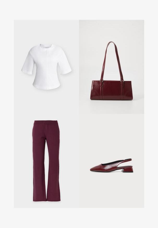 Blouse blanche à manches courtes avec un col rond et un détail de couture verticale centrale à l'avant.; Pantalon droit de couleur bordeaux foncé uni avec une taille élastique, en tissu doux.; Chaussure slingback en cuir marron avec bout pointu et petit talon carré, vue de profil sur fond clair uni.; Sac à main bordeaux en matériau brillant, de forme rectangulaire, avec deux anses et des accents légèrement courbés à l'avant.