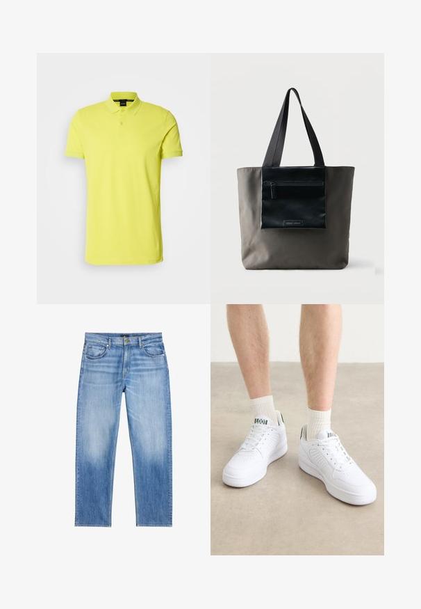 Helles gelbes Polohemd aus Baumwolle mit klassischem Kragen, kurzen Ärmeln, Knopfleiste und dezent besticktem Logo.; Hellblaue Denim-Jeans mit geradem Bein, vorn mit Knopf- und Reißverschluss sowie Fünf-Taschen-Design. Leichtes Verblassen an Oberschenkeln und Knien.; Weiße Sportschuhe mit perforierten Akzenten, Schnürsenkeln und dicken Gummisohlen. Kombiniert mit hellen, cremefarbenen, gerippten Socken für einen Kontrast.; Graue Tragetasche mit schwarzer Front-Reißverschlusstasche und schwarzen Schulterriemen vor einfarbigem Hintergrund.