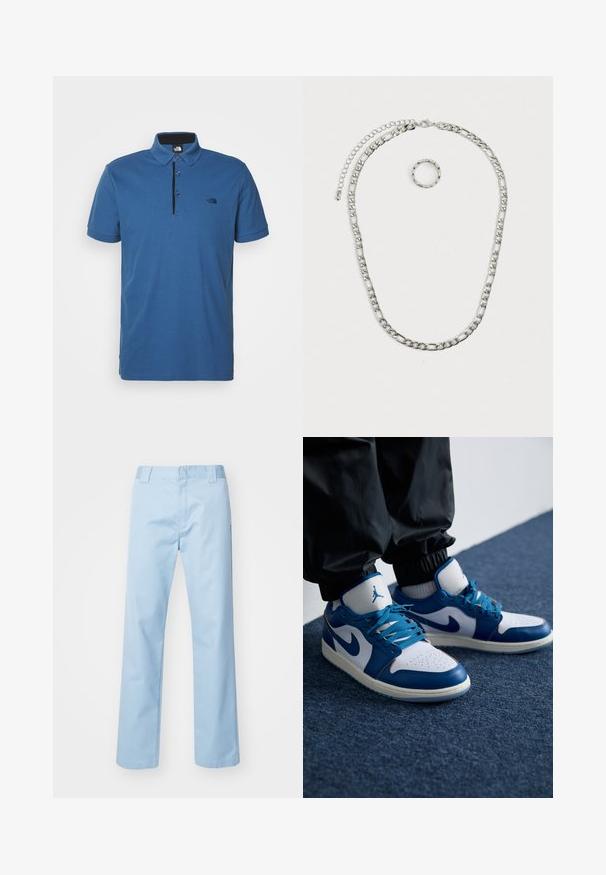Polo bleu en coton, avec un col noir et une patte de boutonnage à trois boutons, et un petit logo sur la poitrine gauche. Manches courtes.; Pantalon droit bleu clair en tissu mélangé de coton. Présente une taille plate à l'avant, des poches latérales et aucun motif ou embellissement visible.; Les baskets Nike Air Jordan présentent une base en cuir blanc avec des accents en synthétique bleu, une boîte à orteils perforée et des lacets bleus.; Ensemble de bijoux en argent massif comprenant un collier à chaîne épaisse avec un fermoir à homard et une bague texturée assortie. Les deux pièces sont brillantes et métalliques.