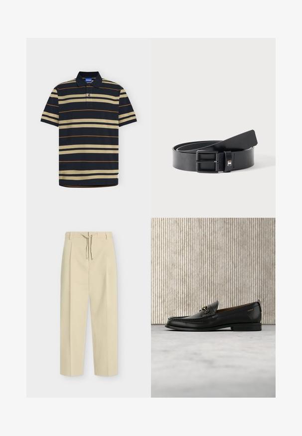 Polo bleu marine avec des rayures horizontales beiges et fines orange, manches courtes, patte à deux boutons et étiquette de marque HUGO bleue à l’intérieur du col.; Pantalon beige droit avec passants pour ceinture et nouage à l'avant, présentant un design épuré et ajusté ainsi qu'un tissu texturé.; Mocassin en cuir noir avec mors en métal doré et logo "HUGO", présenté sur un tapis beige et un meuble translucide marron.; Ceinture en cuir noir avec boucle métallique noire mate, légèrement enroulée avec l'extrémité de la lanière reposant sur une surface blanche.