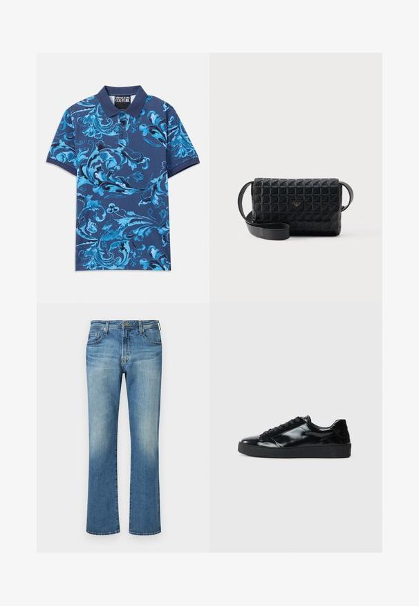 Marineblaues Poloshirt mit blauem floralen Wirbelmuster, kurzen Ärmeln und Knopfkragen. Hergestellt aus Baumwollstoff, mit glatter Textur.; Blaue Denim-Hosen, mit geradem Bein und einem ausgewaschenen Look, ausgestattet mit einem klassischen Fünf-Taschen-Stil und Metallelementen.; Schwarze Lackledersneaker mit runder Zehenform, Schnürdesign, strukturiertem Gummisohle und glatter Oberfläche.; Schwarze, strukturierte Umhängetasche mit Klappverschluss und kleinem Metalllogo auf der Vorderseite, vor einem schlichten Hintergrund präsentiert.