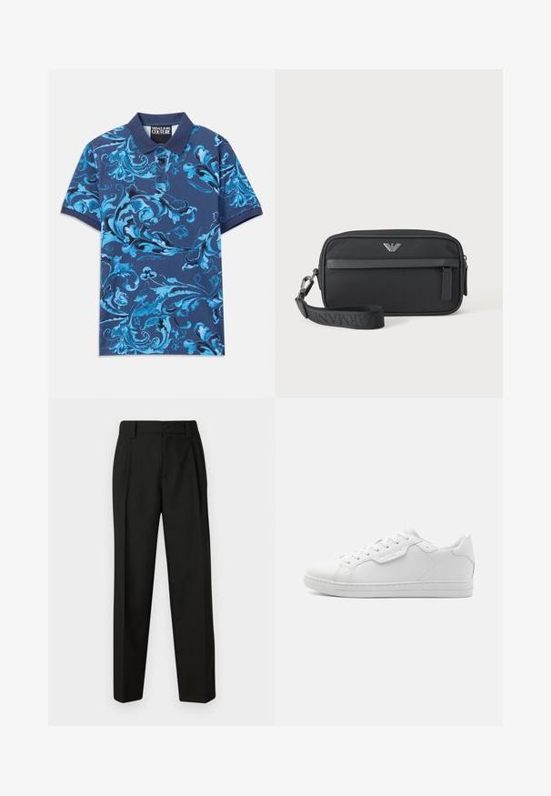 Marineblaues Poloshirt mit blauem floralen Wirbelmuster, kurzen Ärmeln und Knopfkragen. Hergestellt aus Baumwollstoff, mit glatter Textur.; Schwarze maßgeschneiderte Hosen aus glattem Stoff. Verfügt über ein gerades Bein, einen Ein-Knopf-Verschluss und Gürtelschlaufen. Keine sichtbaren Muster oder Akzente.; Weiße Ledersneaker mit runder Spitze, sechs Ösen, flachen Schnürsenkeln und minimalistischem Design. Besitzt ein kleines Logo an der Seite.; Schwarze rechteckige Armbanduhr-Tasche mit vorderer Reißverschlusstasche, silbernem Logo-Emblem und abnehmbarem Riemen mit gebrandetem Text.