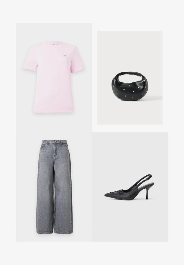 Camiseta de algodón de algodón de manga corta en color rosa claro, con un pequeño gráfico de cara sonriente redonda en el lado izquierdo del pecho. Textura suave y corte estándar.; Jeans de denim de pierna ancha en un lavado gris desgastado, con cinco bolsillos, cierre de botón y una textura suave con sutiles detalles de desgaste.; Sandal de tacón stiletto negro de cuero con punta afilada, correa lateral con hebilla, tachuelas a lo largo del borde y cordones decorativos en la parte delantera.; Bolso de mano de cuero negro con forma redondeada, decorado con detalles de tachuelas plateadas y un asa corta. Textura lisa y cierre con cremallera.
