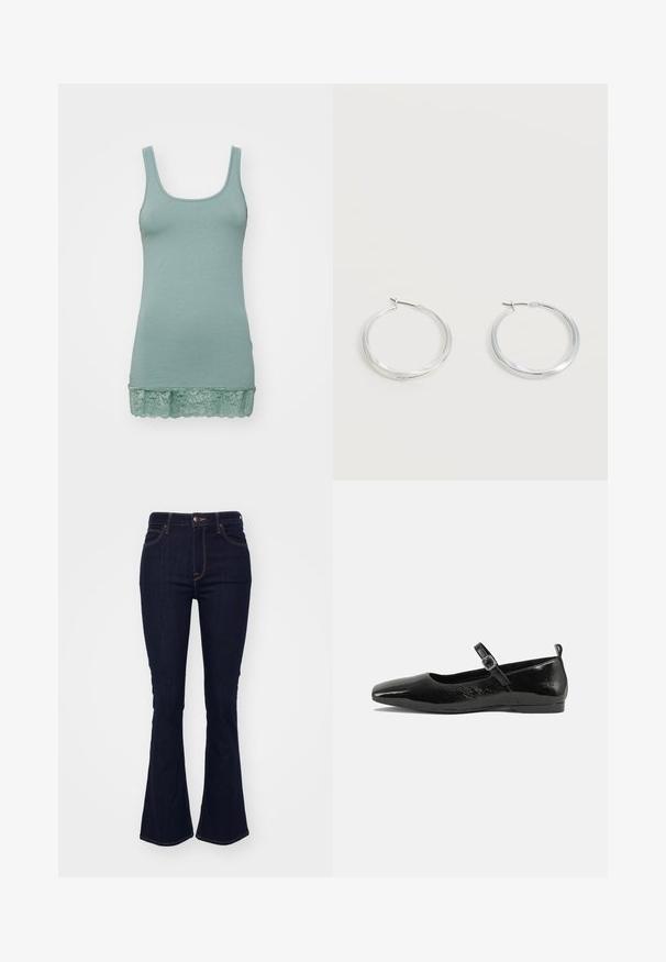 Lichtgroene tanktop gemaakt van zachte stof, met een ronde halslijn en een kantafwerking aan de zoom. Soepele textuur, rekbaar ontwerp.; Donkerblauwe, uitlopende jeans van denim, met een hoge taille, vijf zakken en contrasterende oranje stiksels langs de naden.; Zwarte patenten leren ballerina met een spitse neus, een enkelbandje met een gesp en een gladde, glanzende textuur. Lage hak voor comfort.; Zilverkleurige metalen creolen oorbellen met een glad, licht gebogen oppervlak en sluitingen met haaksluiting op een effen witte achtergrond.