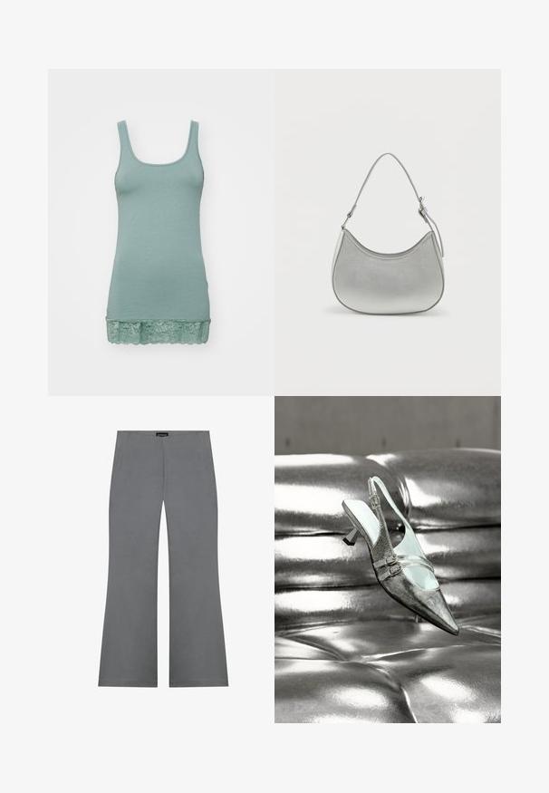 Lys grøn tanktop lavet af blødt stof, med en scoop-udskæring og en blonderibe i kanten. Glat struktur, strækbart design.; Grå breddebukser med en glat tekstur, der har høj talje og et rent design. Ingen synlige mønstre eller hardware-detaljer.; Sølv høje hæle slingback sko med to spænder, hvilende på en skinnende, tuftet sølv læderoverflade.; Sølv faux læder håndtaske med en buet form, kort justerbar strop og glat overflade, præget af minimal syning.