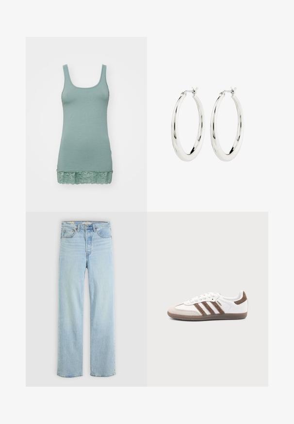 Lys grøn tanktop lavet af blødt stof, med en scoop-udskæring og en blonderibe i kanten. Glat struktur, strækbart design.; Lysblå denim jeans med lige ben, der har fem lommer, en klassisk lynlås og synlige stikninger.; Hvid Adidas Samba sneaker med brune ruskindstriber, brun gummisål og beige ruskindståhætte, vist fra ydersiden på en ensfarvet baggrund.; Sølvøreringe i form af hoops med en glat, blank finish. Cirkulær form, der har en sikker lås. Simpelt og elegant design.