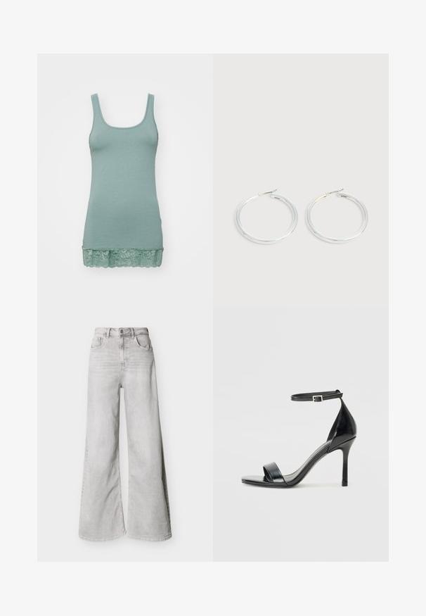 Lichtgroene tanktop gemaakt van zachte stof, met een ronde halslijn en een kantafwerking aan de zoom. Soepele textuur, rekbaar ontwerp.; Lichtgrijze jeans met wijde pijpen van denim, voorzien van een hoge taille, steekzakken aan de voorkant en een knoopsluiting. Glad oppervlak met een subtiele vervaagde uitstraling.; Zwarte lakleren sandaal met hoge hakken, een open teen, een enkele band aan de voorkant en een verstelbare enkelband.; Een paar glanzende zilveren oorringen met dunne draadafsluitingen, getoond op een lichtgrijze achtergrond.