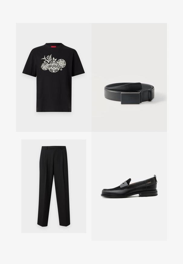Μαύρο κοντομάνικο T-shirt με λευκό λουλουδένιο σχέδιο και πουλί που περιβάλλει τη λέξη «HUGO» στο κέντρο του στήθους.; Μαύρο παντελόνι ραμμένο στα μέτρα με ίσια μπατζάκια, πιέτες στη μέση, θηλιές για ζώνη και πλαϊνές τσέπες με σχισμές, εμφανιζόμενο σε απλό φόντο.; Μαύρος δερμάτινος λόφερ με γκρι λουράκι, χαμηλό τακούνι και υφασμένο πέλμα, με το λογότυπο "HUGO" σε χρυσό στο πλάι.; Μαύρη δερμάτινη ζώνη, τυλιγμένη με ορθογώνια ματ μαύρη αγκράφα και διακριτικό ανάγλυφο λογότυπο σε λευκό φόντο.