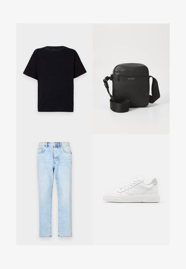 Schwarzes kurzärmliges T-Shirt mit Rundhalsausschnitt. Hergestellt aus weichem Stoff, mit lässiger Passform und ohne sichtbare Muster oder Akzente.; Hellblaue Denim-Jeans mit geradem Bein, verblasster Textur und traditionellem Fünf-Taschen-Design. Frontreißverschluss und Knopfverschluss.; Weiße Leder-Sneaker mit glatter Oberfläche, rundem Zehenbereich, flachen Schnürsenkeln und strukturiertem Schuhsohlen. Graues Wildleder-Detail an der Ferse.; Schwarze Leder-Umhängetasche mit einer strukturierten Oberfläche, ausgestattet mit einer vorderen Reißverschluss-Tasche und einem verstellbaren Stoffgurt. Markenlogo sichtbar.