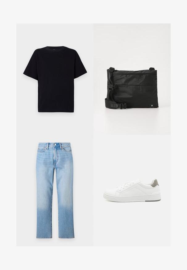 Sort kortærmet t-shirt med rund halsudskæring. Fremstillet af blødt stof, med en afslappet pasform og uden synlige mønstre eller detaljer.; Lys blå denim jeans med lige ben-design, der har en falmet vask, standard fem-lomme styling og en klassisk knaplukning.; Hvid sneaker lavet af glat læder, rund tå, minimalistisk design, grå hælafsats og tekstureret gummisål.; Sort nylon messenger-taske med justerbar rem, fladt design og et sideetiket med et logo. Glat tekstur og minimalistisk stil.