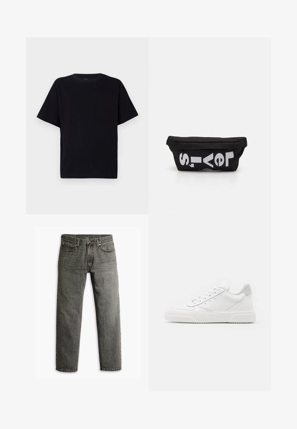 Zwarte korte mouwen t-shirt met een ronde halslijn. Gemaakt van zacht materiaal, met een relaxte pasvorm en zonder zichtbare patronen of accenten.; Grijze denim jeans met een recht model, klassieke vijf-pocket styling en subtiele stiksels op de naden en zakken.; Witte leren sneakers met een gladde afwerking, ronde neus, platte veters en een gestructureerde zool. Grijze suède accent bij de hiel.; Zwarte stoffen tas met een platte vorm, voorzien van vet witte tekst. De ritssluiting bevindt zich aan de bovenkant, met een lus-detail aan één kant.
