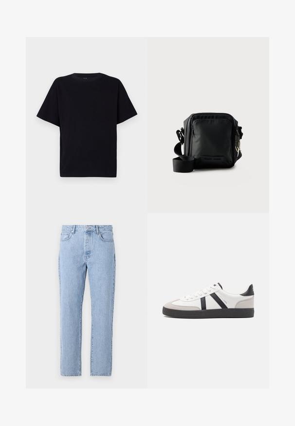 Zwarte korte mouwen t-shirt met een ronde halslijn. Gemaakt van zacht materiaal, met een relaxte pasvorm en zonder zichtbare patronen of accenten.; Lichtblauwe spijkerbroek met een recht model, vijf zakken en een knoopsluiting. Zachte textuur met een klassieke vervaagde afwerking.; Witte sneaker met zwarte en grijze accenten, voorzien van een grijze neus met textuur, zwarte rubberen zool en platte witte veters. Schoon ontwerp, minimalistische stijl.; Zwarte compacte crossbodytas met voorvak met rits, verstelbare riem en gestructureerde stof tegen een effen achtergrond.