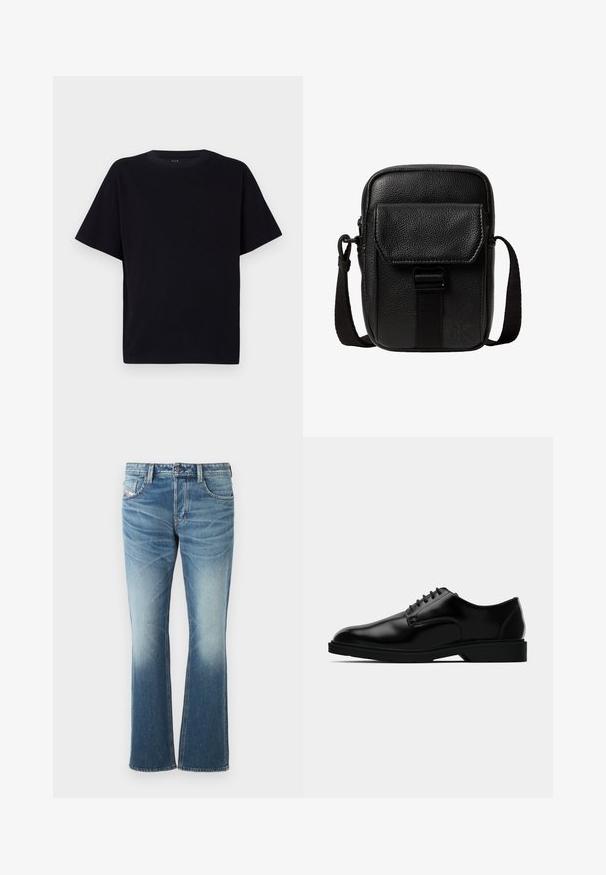Sort kortærmet t-shirt med rund halsudskæring. Fremstillet af blødt stof, med en afslappet pasform og uden synlige mønstre eller detaljer.; Blå denim jeans med en flared design, der har en falmet vask, fem lommer og kontrastsy. Knaplukning i taljen.; Sorte læder dress sko med en glat finish, rund tå, snørebåndsdesign og diskret gummisål for godt greb.; Kompakt sort tekstureret læder crossbody-taske med frontlomme med klap og justerbar stofrem.