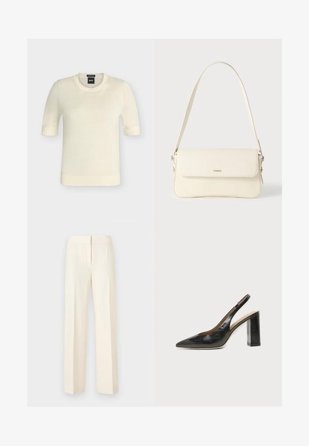 Pull à manches courtes couleur crème avec col rond, poignets et ourlet côtelés, étiquette "BOSS" Supreme Merino sur le col.; Pantalon droit sur mesure couleur blanc cassé avec pli avant, ceinture et fermeture avant dissimulée sur un fond uni.; Chaussure slingback en cuir noir à bout pointu avec un talon bloc haut et une doublure intérieure beige sur un fond clair uni.; Sac à bandoulière en cuir couleur crème avec fermeture à rabat, quincaillerie argentée, une bandoulière réglable et un logo discret.