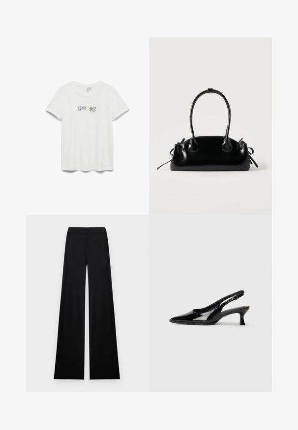 T-shirt blanc à manches courtes avec encolure arrondie et le mot "amore" en écriture noire avec un petit cœur doré au centre.; Pantalon noir à jambes larges avec une taille haute et un tissu lisse, présenté à plat sur un fond blanc.; Escarpins en cuir verni noir avec un bout pointu et un petit talon carré. Sangle réglable à la cheville avec boucle.; Petit sac à main noir brillant avec deux longues anses et des détails à cordon sur les côtés sur un fond clair uni.