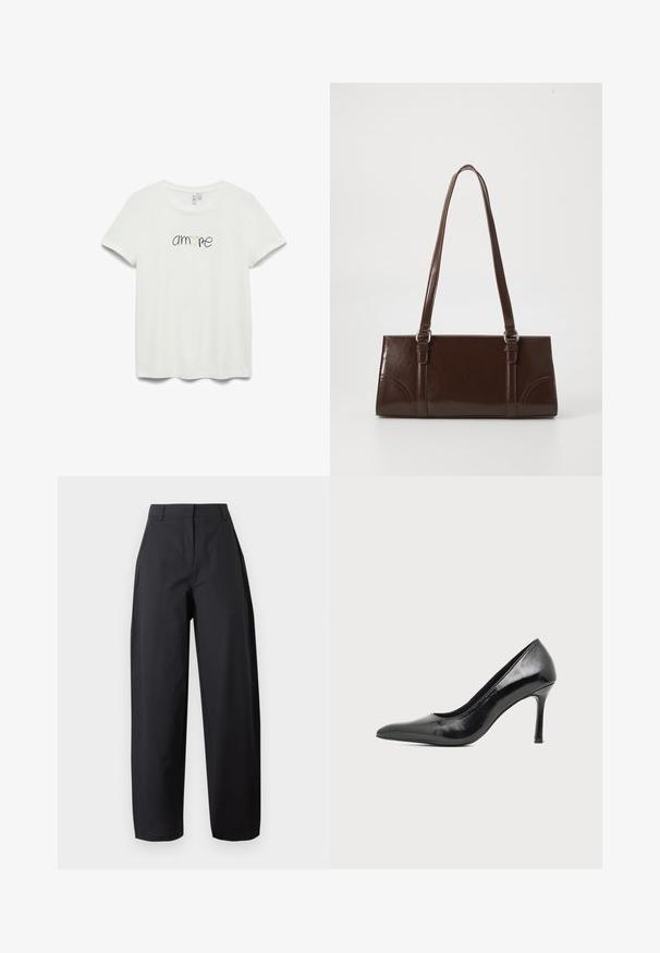 T-shirt blanc à manches courtes avec encolure arrondie et le mot "amore" en écriture noire avec un petit cœur doré au centre.; Pantalon noir taille haute à jambes larges avec poches avant et passants de ceinture, présenté sur un fond clair uni.; Chaussure à talon haut pour femme en cuir verni noir avec bout pointu et talon fin sur fond clair uni.; Sac à main en cuir verni marron de forme rectangulaire, avec deux longues poignées et des accents courbés subtils à l'avant.
