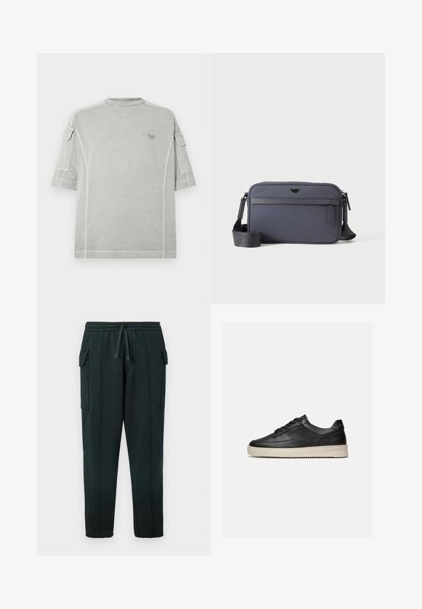 T-shirt surdimensionné gris clair à manches courtes, avec des poches latérales discrètes, un col rond et un petit logo sur la poitrine.; Pantalon de survêtement noir avec taille à cordon, poches latérales, détail poche cargo et coutures visibles. Tissu doux avec une coupe décontractée.; Baskets basses en cuir noir avec des lacets noirs et une semelle en caoutchouc épaisse de couleur crème, présentées sur un fond blanc.; Sac bandoulière rectangulaire gris avec poche zippée devant, sangle d’épaule réglable et petit logo noir au centre avant.