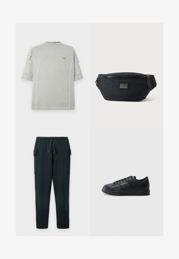 T-shirt surdimensionné gris clair à manches courtes, avec des poches latérales discrètes, un col rond et un petit logo sur la poitrine.; Pantalon de survêtement noir avec taille à cordon, poches latérales, détail poche cargo et coutures visibles. Tissu doux avec une coupe décontractée.; Baskets en cuir noir avec une finition lisse, bout arrondi, fermeture à lacets, col rembourré et accents latéraux texturés. Détail du logo subtil visible.; Sac banane en tissu noir avec fermeture éclair frontale et petite plaque métallique du logo au centre, présenté sur un fond uni.