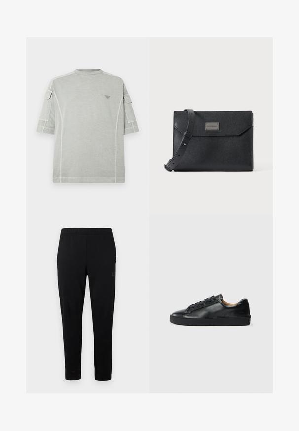 T-shirt surdimensionné gris clair à manches courtes, avec des poches latérales discrètes, un col rond et un petit logo sur la poitrine.; Pantalon de sport noir avec une taille élastique, coupe ajustée, sans garniture visible. Présente un logo discret imprimé sur le côté.; Baskets en cuir noir avec une texture lisse, bout rond et fermeture à lacets. Comprend une semelle en caoutchouc épaisse et un minimum de détails de marque.; Sac bandoulière en cuir noir texturé avec sangle réglable et plaque logo métallique à l'avant, fermeture à rabat rectangulaire de style enveloppe.