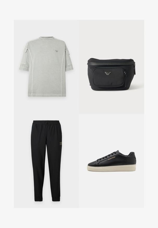 T-shirt surdimensionné gris clair à manches courtes, avec des poches latérales discrètes, un col rond et un petit logo sur la poitrine.; Pantalon de sport noir en tissu texturé, taille élastique, cordon de serrage, jambes fuselées, avec un petit logo doré sur le côté gauche.; Sneaker en cuir noir avec une finition lisse, semelle crème contrastante, bout arrondi, logo doré sur le côté et six œillets pour les lacets.; Sac banane noir avec poche avant zippée et logo aigle argenté, tissu lisse avec bordure texturée et tirettes de fermeture éclair.