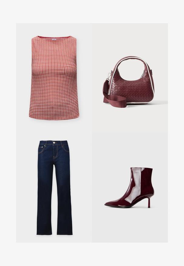 Haut sans manches avec motif vichy rouge et blanc et encolure ronde, plié à plat sur fond blanc.; Jean en denim bleu foncé avec une coupe droite, fermeture frontale à boutons et détail de coutures orange visibles.; Bottine brillante rouge foncé à bout pointu et talon fin mi-haut sur un fond clair.; Sac à main en cuir tressé marron foncé avec poignée courbée, garniture blanche, fermeture éclair argentée et bandoulière large en tissu amovible sur fond uni.