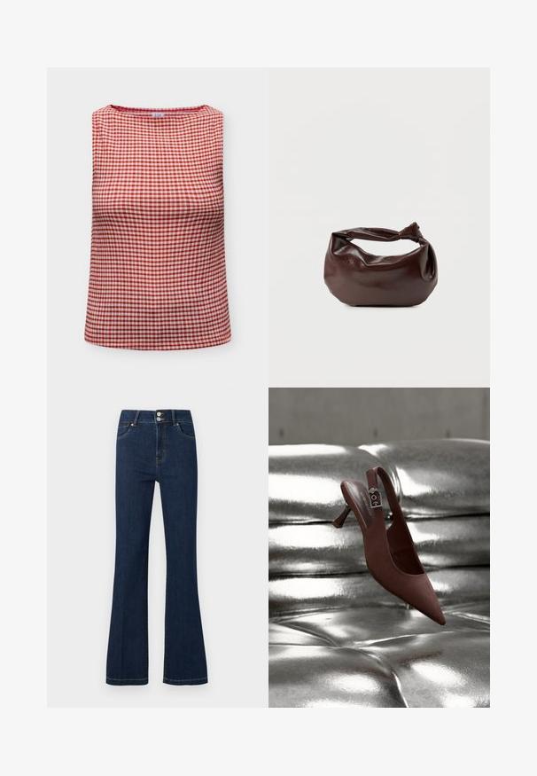 Haut sans manches avec motif vichy rouge et blanc et encolure ronde, plié à plat sur fond blanc.; Jean en denim bleu foncé avec taille haute, double bouton de fermeture, poches avant et jambes légèrement évasées.; Chaussure slingback pointue marron avec talon bas et bride à boucle reposant sur une surface capitonnée argentée métallique brillante.; Sac bandoulière en cuir marron foncé avec une forme souple et décontractée et une anse nouée torsadée sur un fond blanc uni.