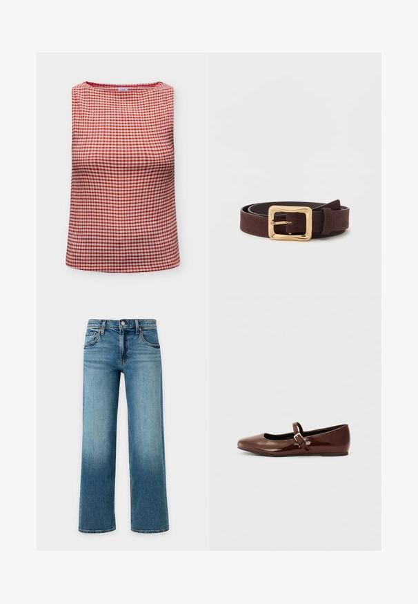 Haut sans manches avec motif vichy rouge et blanc et encolure ronde, plié à plat sur fond blanc.; Jean en denim bleu à jambes larges avec fermeture bouton et zip, poches avant et passants pour ceinture sur un fond clair.; Ballerine en cuir verni marron avec un bout carré et une lanière ornée d'une petite boucle dorée. Texture lisse, talon bas et design minimaliste.; Ceinture en cuir marron foncé avec une large boucle carrée dorée, enroulée à plat sur une surface blanche.