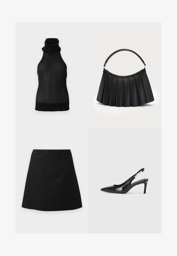 Sort ærmeløs turtleneck-top med et tekstureret rutenetmønster og ribbede kanter. Fremstillet af et let materiale med en tætsiddende pasform.; Sort nederdel lavet af struktureret stof, med en tætsiddende talje og flagrende design. Enkel, ensfarvet uden synlige mønstre eller accenter.; Sort læder slingback højhælede sko med spidse tæer, glat overflade og en smal ankelrem med guldfarvede hardware detaljer.; Sort plisseret håndtaske lavet af syntetisk læder, med et buet håndtag og lynlåslukning i toppen. Glat tekstur med struktureret design.