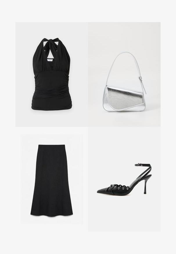 Noisy May NMBELLA HALTERNECK - Top - black; Falda negra de cintura alta y corte en línea A, con una tela simple y lisa, sin patrones ni adornos visibles.; Zapato de tacón alto negro con punta fina, bordes ondulados, ojales metálicos, cordones delanteros y una correa en el tobillo con cierre de hebilla.; Bolso de mano metálico plateado con forma triangular, textura suave y una fina correa de hombro ajustable. Presenta un diseño plegable con costuras.