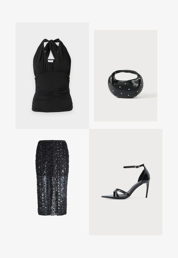 Noisy May NMBELLA HALTERNECK - Top - black; Sort midi-nederdel med gennemsigtig nedre halvdel, pyntet med sorte blomster palietter og en tætsiddende talje.; Sort laklædersandal med høje hæle, tynd ankelrem, åben tå og minimalistisk design på en ensfarvet lys baggrund.; Sort læderhåndtaske med en rundet form, dekoreret med sølvnitter, og et kort håndtag. Glat tekstur og lynlåslukning.