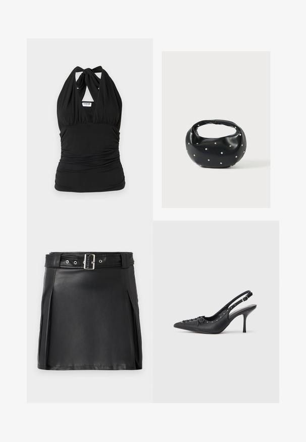 Noisy May NMBELLA HALTERNECK - Top - black; Sort faux læder mini nederdel med en tætsiddende pasform, sidesyninger og et bælte med en sølvfarvet spænde og øjne. Glat tekstur, høj talje.; Sorte læder slingback stiletto med spids tå, side spændebånd, nitter langs kanten og dekorativ snøring foran.; Sort læderhåndtaske med en rundet form, dekoreret med sølvnitter, og et kort håndtag. Glat tekstur og lynlåslukning.