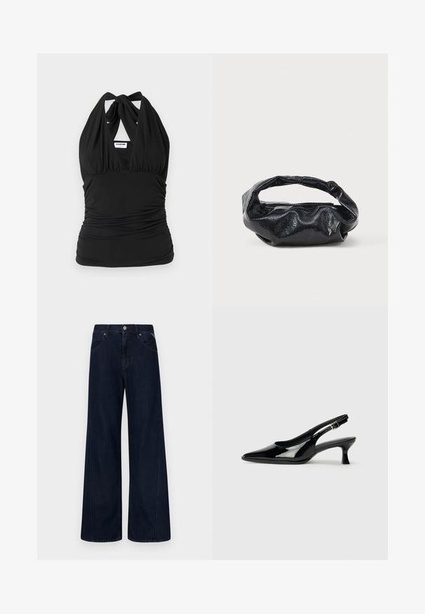 Noisy May NMBELLA HALTERNECK - Top - black; Vidbenede mørk vaskede jeans lavet af denim, med høj talje, fem lommer og orange syninger langs sømmene.; Sorte patenterede slingback-sko med spidse tæer og lav blokhæl. Justerbar spænde-rem ved anklen.; Sort taske lavet af blankt, tekstureret materiale med et cirkulært, snoet håndtag og lynlås. Har et blødt, rynket design.