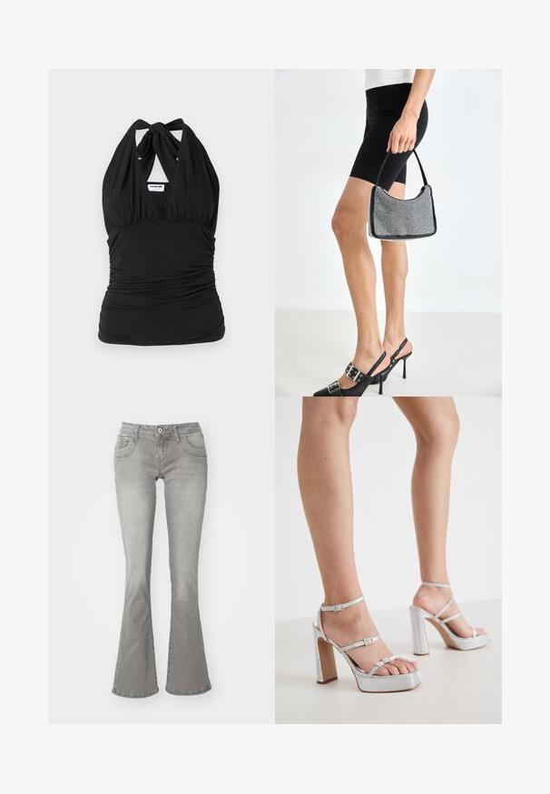 Noisy May NMBELLA HALTERNECK - Top - black; Svetlošedé rozšírené džínsy s mierne zvýšeným pásom, prednými vreckami a zapínaním na gombík, vyrobené z denimu s hladkou textúrou.; Strieborné platformové sandále na vysokom podpätku s členkovými remienkami, štruktúrovaný materiál, široký blokový podpätok a nastaviteľné pracky.; Čierna korálková kabelka s zakriveným siluetom, nosnou rukoväťou a lesklou textúrou. Nosená s vysokými čiernymi topánkami na opätku a priliehavými čiernymi šortkami.