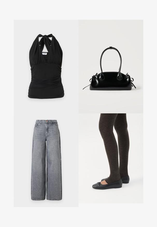 Noisy May NMBELLA HALTERNECK - Top - black; Jeans de denim de pierna ancha en un lavado gris desgastado, con cinco bolsillos, cierre de botón y una textura suave con sutiles detalles de desgaste.; Piernas con leggings oscuros acanalados combinados con bailarinas negras que presentan pequeños detalles de lazo sobre un fondo blanco.; Pequeño bolso negro brillante con dos asas largas y detalles de cordón lateral sobre un fondo claro liso.