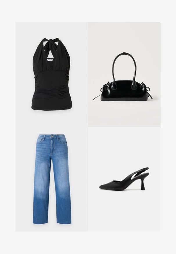 Noisy May NMBELLA HALTERNECK - Top - black; Lyseblå denimjeans med vid benåbning, der har fem lommestile, lynlås i gylpen og diskret falmning på lårene. Rene kantfinish.; Sorte slingback hæle med spids tå, lavet af glat læder. Har et udskåret design og en robust, aftrappet hæl.; Lille sort blank håndtaske med to lange håndtag og snøre-detaljer i siden på en ensfarvet lys baggrund.