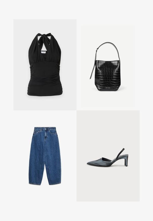 Noisy May NMBELLA HALTERNECK - Top - black; Blå denimjeans med høj talje, afslappet pasform og lige ben. Klassisk design med fem lommer, lynlås og knaplukning.; Sort slingback-hæl med spids tå, slank satinfinish og en slank hæl på 3 tommer. Åben sidedesign med minimal syningsdetalje.; Sort spandtaske i krokodillepræget læder med enkelt skulderrem og lille sølvfarvet mærkelogo foran nederst i midten.