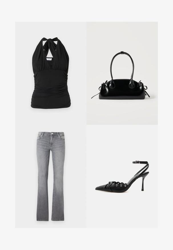Noisy May NMBELLA HALTERNECK - Top - black; Graue, aus Denim gefertigte, ausgestellte Jeans mit weichem Stoff, fünf Taschen und einem metallischen Knopfverschluss am Bund.; Schwarzer, spitzer High-Heel-Schuh mit geschwungenen Kanten, Metallösen, Schnürung vorne und Knöchelriemen mit Schnallverschluss.; Kleine schwarze glänzende Handtasche mit zwei langen Griffen und seitlichen Kordelzug-Details vor einfachem hellem Hintergrund.