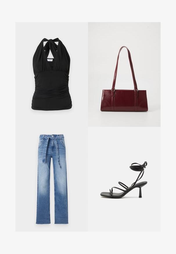 Noisy May NMBELLA HALTERNECK - Topp - black; Heledad sinine denim kõrge vöökohtadega püksid laia säärega disainiga, millel on vöökohtade juures lips-vöö ja pleekinud pesuefekt.; Must mustriba sandaalid ruudukujulise nina, reguleeritavate pahkluu sidemetega ja peene ploki kontsaga. Valmistatud siledast, vastupidavast materjalist.; Burgundia värvi käekott, mis on valmistatud läikivast materjalist, ristküliku kujuline, kahe õlapaelaga ning ees on peened kaarjad aktsendid.
