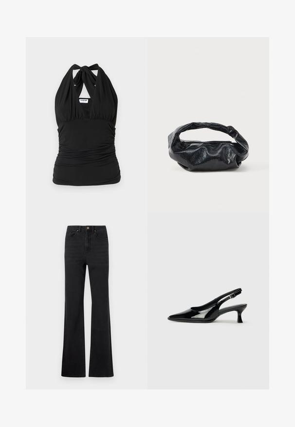 Noisy May NMBELLA HALTERNECK - Top - black; Sorte højtaljede denim jeans med foran knap, bæltestropper og let udvidede ben mod en hvid baggrund.; Sorte patenterede slingback-sko med spidse tæer og lav blokhæl. Justerbar spænde-rem ved anklen.; Sort taske lavet af blankt, tekstureret materiale med et cirkulært, snoet håndtag og lynlås. Har et blødt, rynket design.