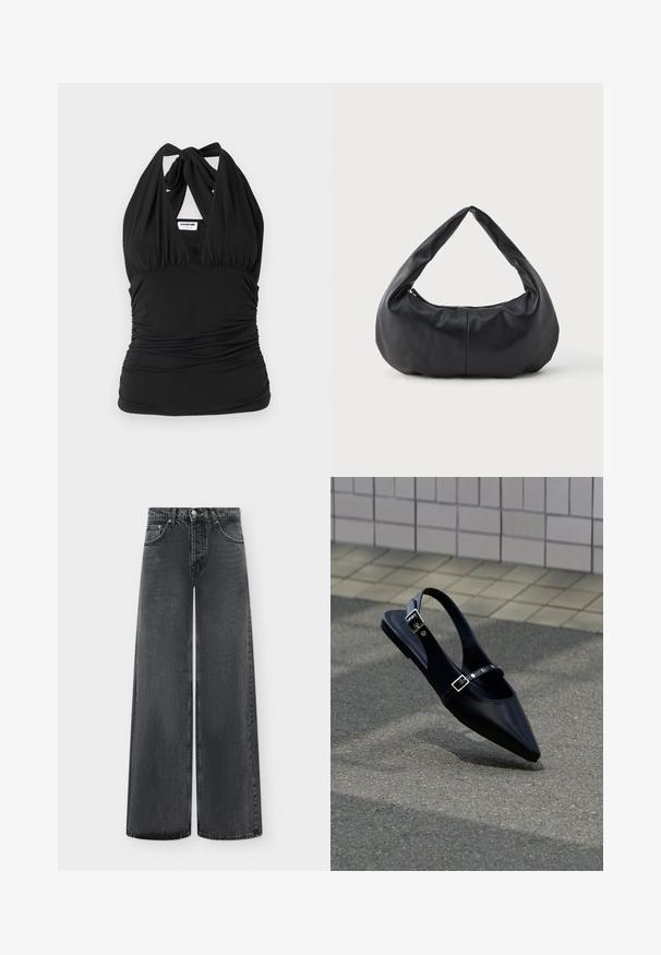 Noisy May NMBELLA HALTERNECK - Top - black; Højttaljede vidde jeans i falmet sort denim med forreste knap, lynlåslukning og fem-lomme-design.; Sort flad slingback med spids tå og dobbelte spænder, hvilende på grå asfalt nær flisevæg.; Sorte bløde læder halvmåneformet håndtaske med et tykt, polstret håndtag og lynlås lukning i toppen.
