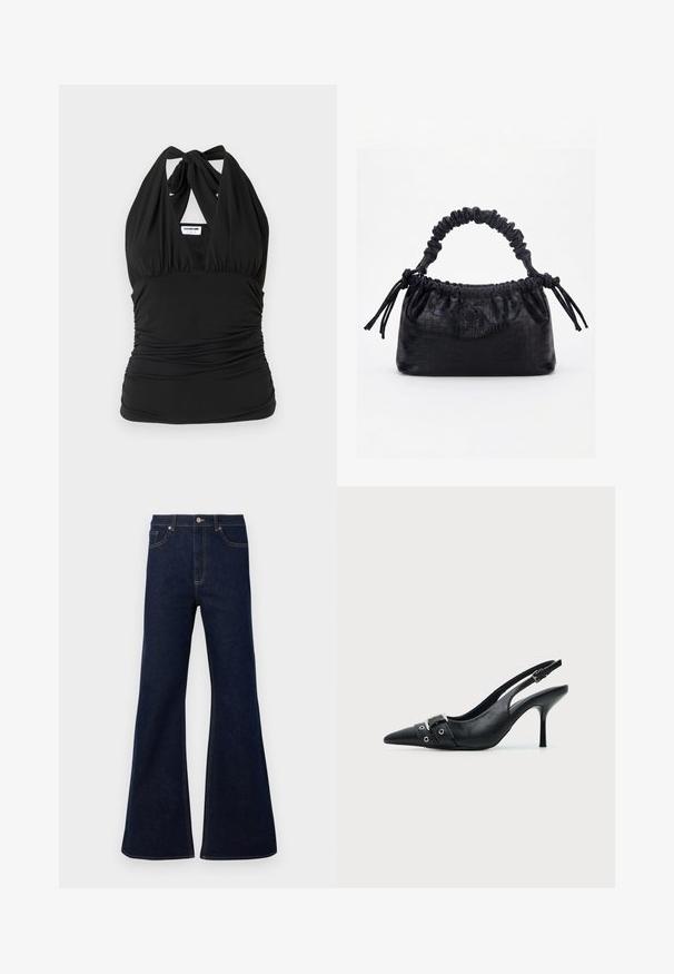 Noisy May NMBELLA HALTERNECK - Top - black; Dunkelblaue ausgestellte Jeans aus Denim mit hoher Taille, frontalen Taschen und goldenen Nähakzenten. Glatte Textur mit traditionellem Schnitt.; Schwarzer Leder Slingback-Pumps mit spitzer Vorderkappe und einem Schnallen- und Ösenriemen vorne.; Schwarze Handtasche mit Krokodilstruktur, gerafftem oberen Rand, zusammengezogenem Griff und Zugkordeln mit Quasten an jeder Seite vor weißem Hintergrund.