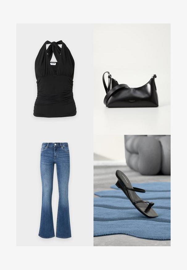 Noisy May NMBELLA HALTERNECK - Top - black; Blaue Jeans im Flared-Stil mit mittlerem Waschung, ausgestattet mit fünf Taschen, einem Knopfverschluss und einer leicht abgenutzten Textur am Saum.; Schwarze Riemchensandale mit Zehenring, auf einem blau strukturierten Teppich präsentiert, mit einem großen grauen Dekorationsobjekt unscharf im Hintergrund.; Schwarze lederne Handtasche mit glatter Textur. Verfügt über einen verstellbaren Riemen und ein elegantes, minimalistisches Design mit einem Reißverschluss.