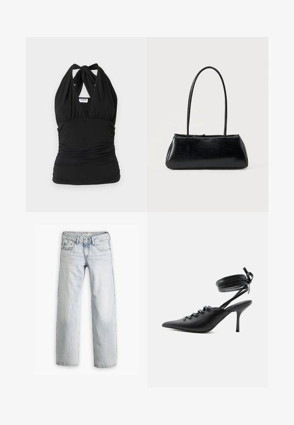 Noisy May NMBELLA HALTERNECK - Top - black; Hellblaue Denim-Jeans mit lockerer Passform, hoher Taille und fünf Taschen. Mit Stitching-Akzenten und einem Knopfverschluss.; Schwarzer spitzer High-Heel-Schuh mit Schnürung vorne und wickelnden Knöchelriemen, die zu einer Schleife gebunden sind, von der Seite auf weißem Hintergrund gezeigt.; Schwarze rechteckige Schultertasche mit langen dünnen Trägern und einer glatten, glänzenden Textur auf einfarbigem Hintergrund.