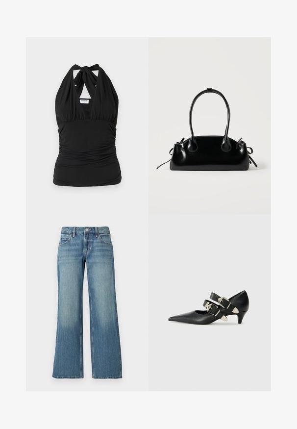 Noisy May NMBELLA HALTERNECK - Top - black; Jeans de mezclilla azul claro con diseño de pierna ancha, cintura de altura media, bolsillos delanteros y sutiles desgastes, mostrando una textura suave.; Replay CECILE DOUBLE - Tacones - black; Pequeño bolso negro brillante con dos asas largas y detalles de cordón lateral sobre un fondo claro liso.