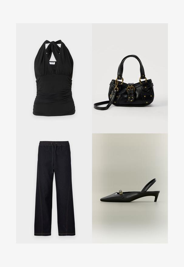 Noisy May NMBELLA HALTERNECK - Top - black; Mørke denimbukser med vidde ben med elastik i taljen og snøre, kontrasterende orange syninger samt lige og rene linjer.; Sort læder slingback med kitten heel, spids tå og lille guldfarvet spænde på en ensfarvet baggrund.; Sort læderhåndtaske med guldbælge og nitdetaljer, korte håndtag og en justerbar skulderrem på en ensfarvet hvid baggrund.