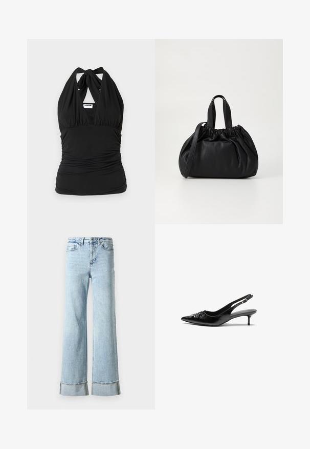 Noisy May NMBELLA HALTERNECK - Top - black; Svetlomodré džíny s širokými nohavicami, rozstrapkanými okrajmi a ozdobnými kamienkami na manžetách. Štandardný dizajn s piatimi vreckami.; Čierne kožené sandále na podpatku so špičatou špičkou, nízkym širokým podpätkom a nariaseným detailom na priehlavku. Hladká textúra a minimalistický dizajn.; Čierna kožená kabelka so zberaným vrchom, s dvoma krátkymi držadlami a dlhým nastaviteľným popruhom. Hladká textura, zaoblený tvar.