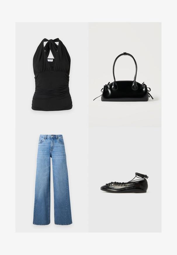 Noisy May NMBELLA HALTERNECK - Top - black; Hellblaue, hoch geschnittene Jeans aus Denim mit weitem Bein, vorderer Knopfleiste, Reißverschluss und klassischem Fünf-Taschen-Design.; Schwarze Ballerinas aus Lackleder mit runder Spitze, Schnürdesign und flacher Sohle. Glatte Textur mit minimaler Verzierung.; Kleine schwarze glänzende Handtasche mit zwei langen Griffen und seitlichen Kordelzug-Details vor einfachem hellem Hintergrund.