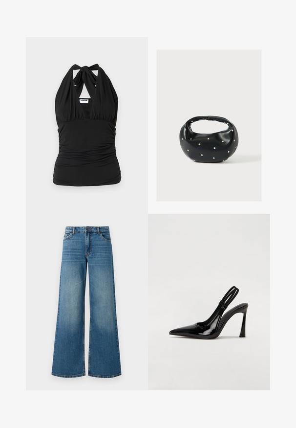 Noisy May NMBELLA HALTERNECK - Top - black; Weite blaue Jeans aus Denim mit einem verblassten Finish, Fünf-Taschen-Design und einem normalen Bund mit einem Metallknopf und Reißverschluss.; Schwarze Lackleder Slingback-Pumps mit spitzem Zehenbereich, schlankem hohen Absatz und doppeltem elastischen Riemen für einen sicheren Sitz. Glatte, glänzende Oberfläche.; Schwarze Lederhandtasche mit abgerundeter Form, verziert mit silbernen Nietenakzenten und kurzem Griff. Glatte Struktur und Reißverschlussverschluss.
